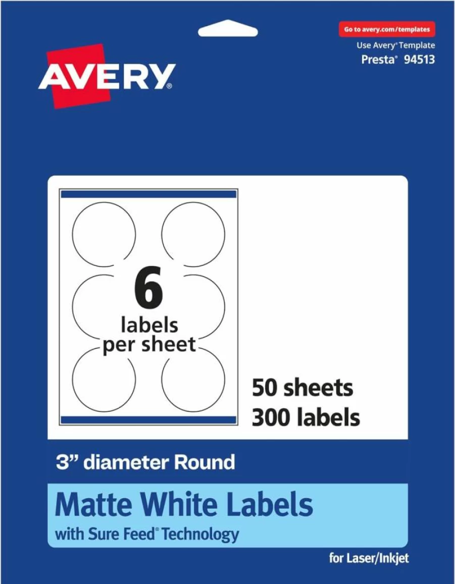 Avery Matte White Round Labels 3" Diameter, 150 Pack, Sure Feed Technology, Printable for Inkjet/Laser Printers