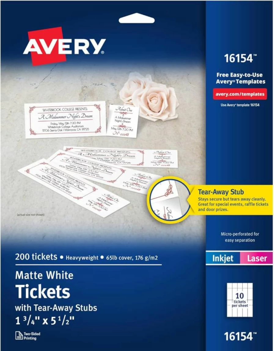 AVERY 16154 Printable Blank Tickets with Tear-Away Stubs, 1.75" x 5.5", Matte White, 200 Sheets for Laser & Inkjet Printers
