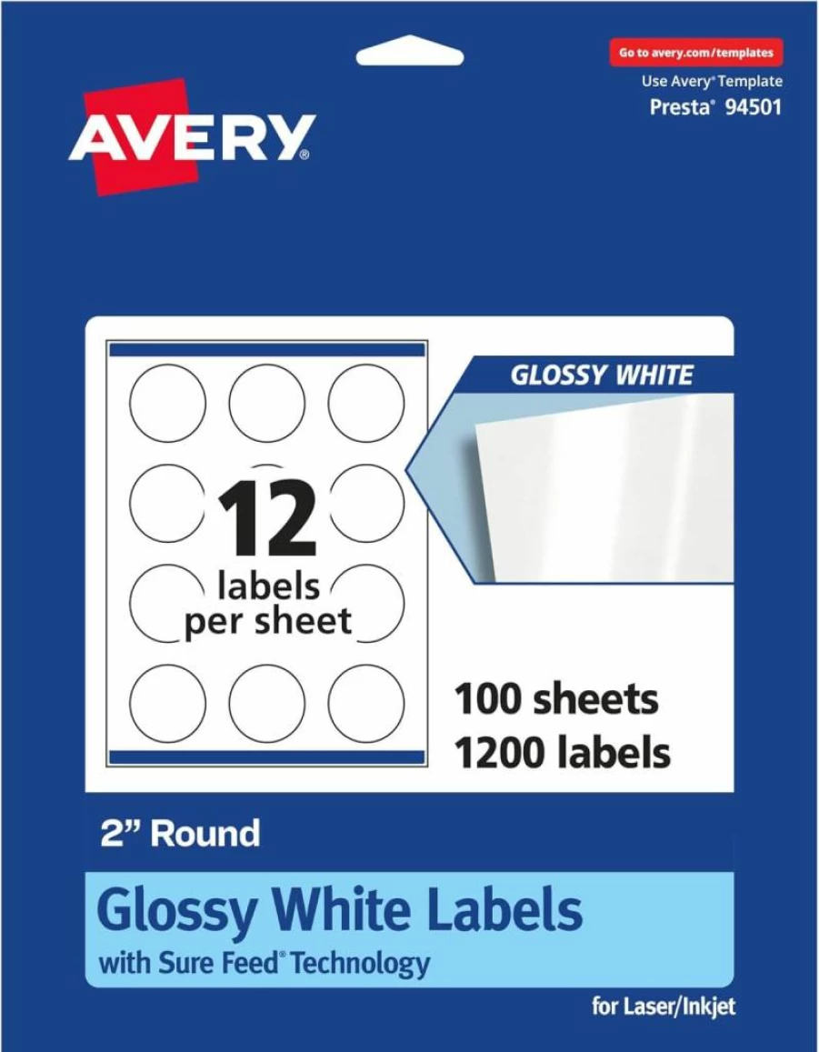 AVERY 2" Round Waterproof Labels, 120-Pack, Sure Feed Technology for Laser & Inkjet Printers, Tear-Resistant, Oil-Proof, Edge-to-Edge Printing, Durable for Indoor & Outdoor Use