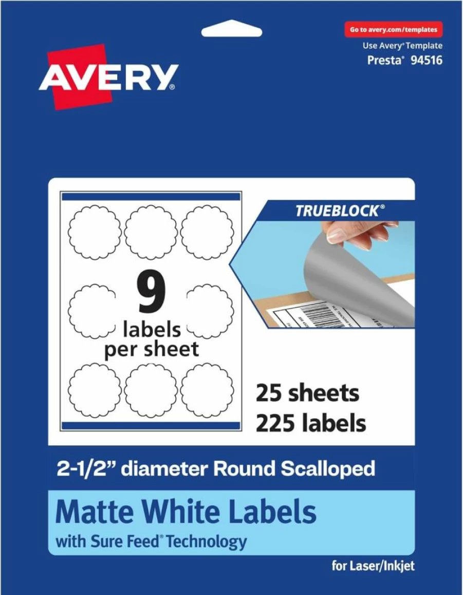Avery Trueblock Matte White Round Scalloped Labels, 2.5" Diameter, 90-Pack, Sure Feed Technology, Laser/Inkjet Printable, Print-To-The-Edge for Packaging & Product Merchandising