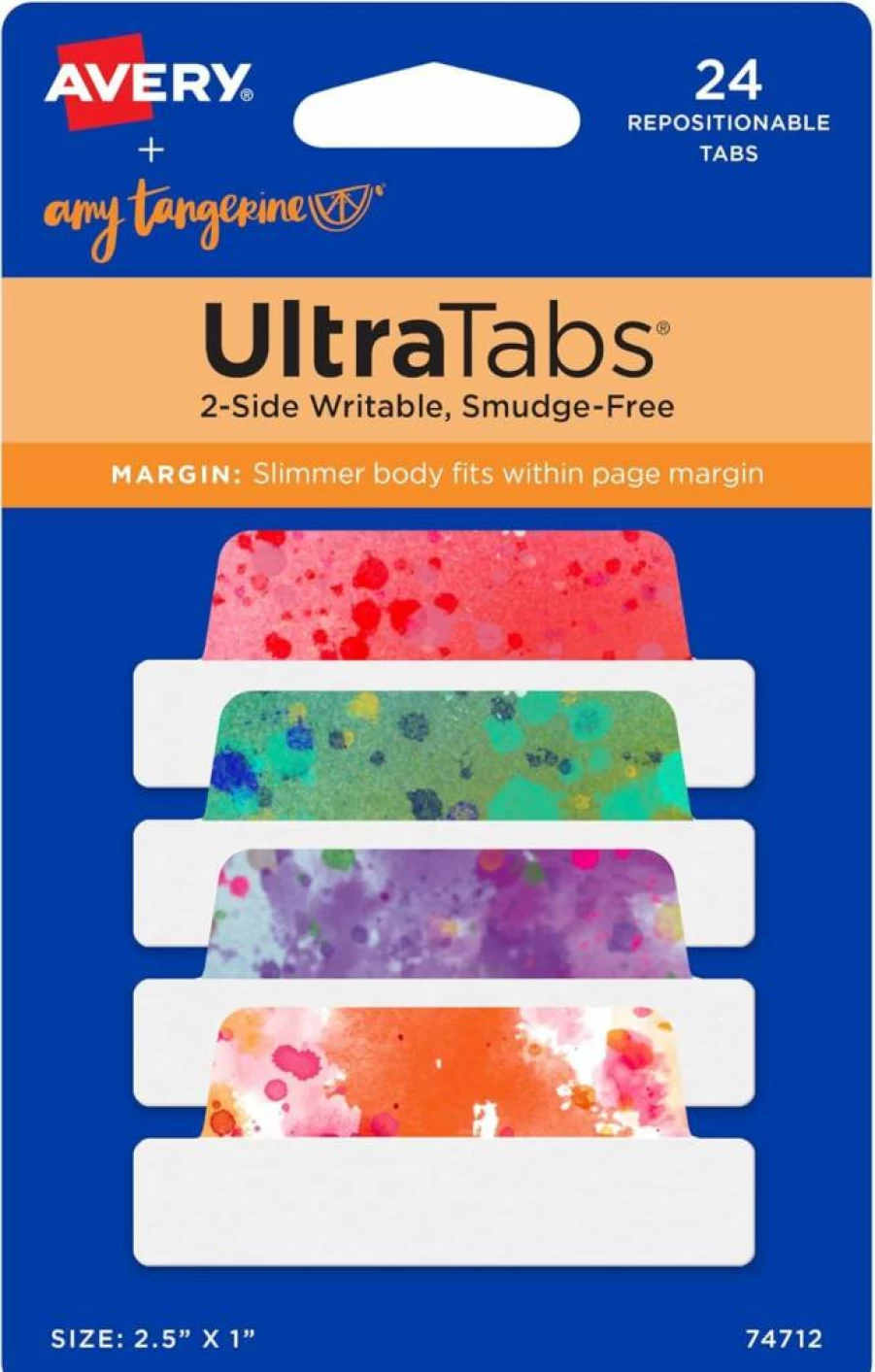 AVERY Repositionable Sticky Tabs 2.5" x 1", Tangerine Splatter Design, 2-Sided Writable, 24 Ultra Tabs for Notebooks & Planners (74712)