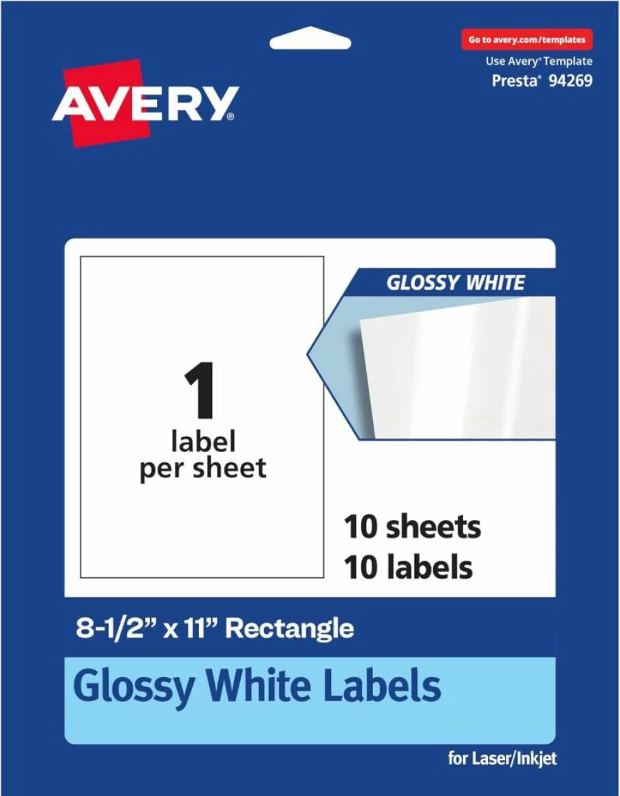 AVERY Glossy White 8.5" x 11" Printable Labels - 10-Pack Permanent Adhesive Laser/Inkjet Sticker Sheets for Shipping & Mailing