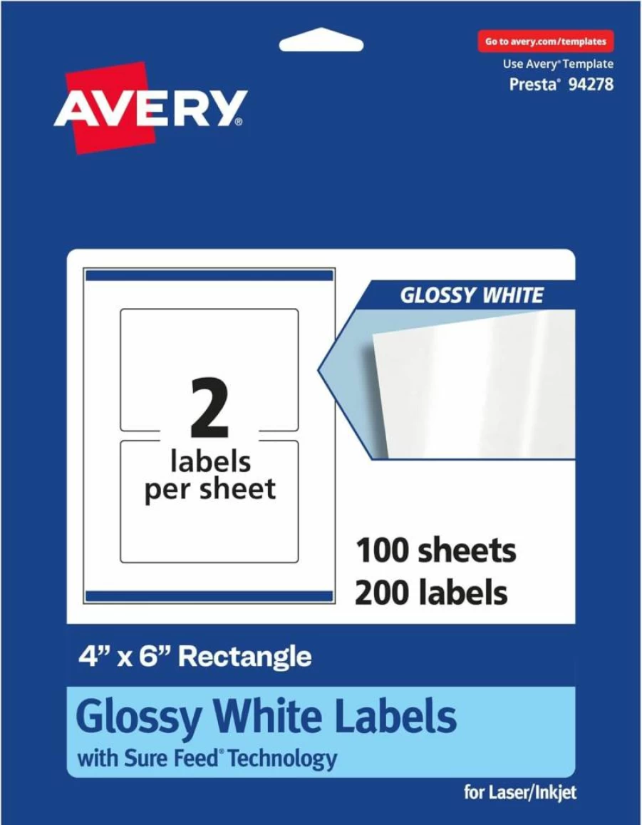 Avery Glossy White 4" x 6" Rectangle Labels with Sure Feed Technology, 50-Pack, Permanent Adhesive, Print-To-The-Edge for Laser/Inkjet Printers