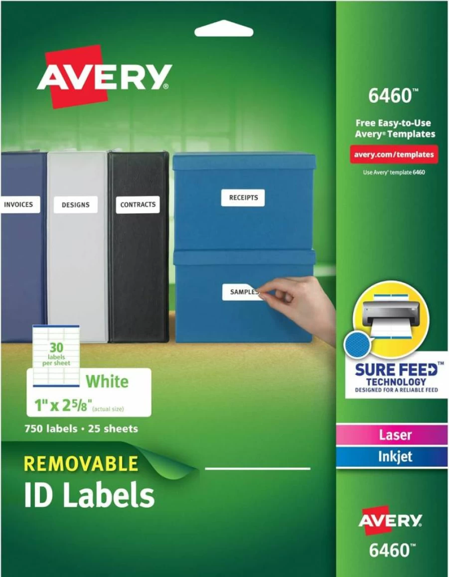 Avery 6460 Removable ID Labels, 1" x 2-5/8", 750 Pack, Sure Feed Technology, Easy Peel Adhesive for Temporary Identification