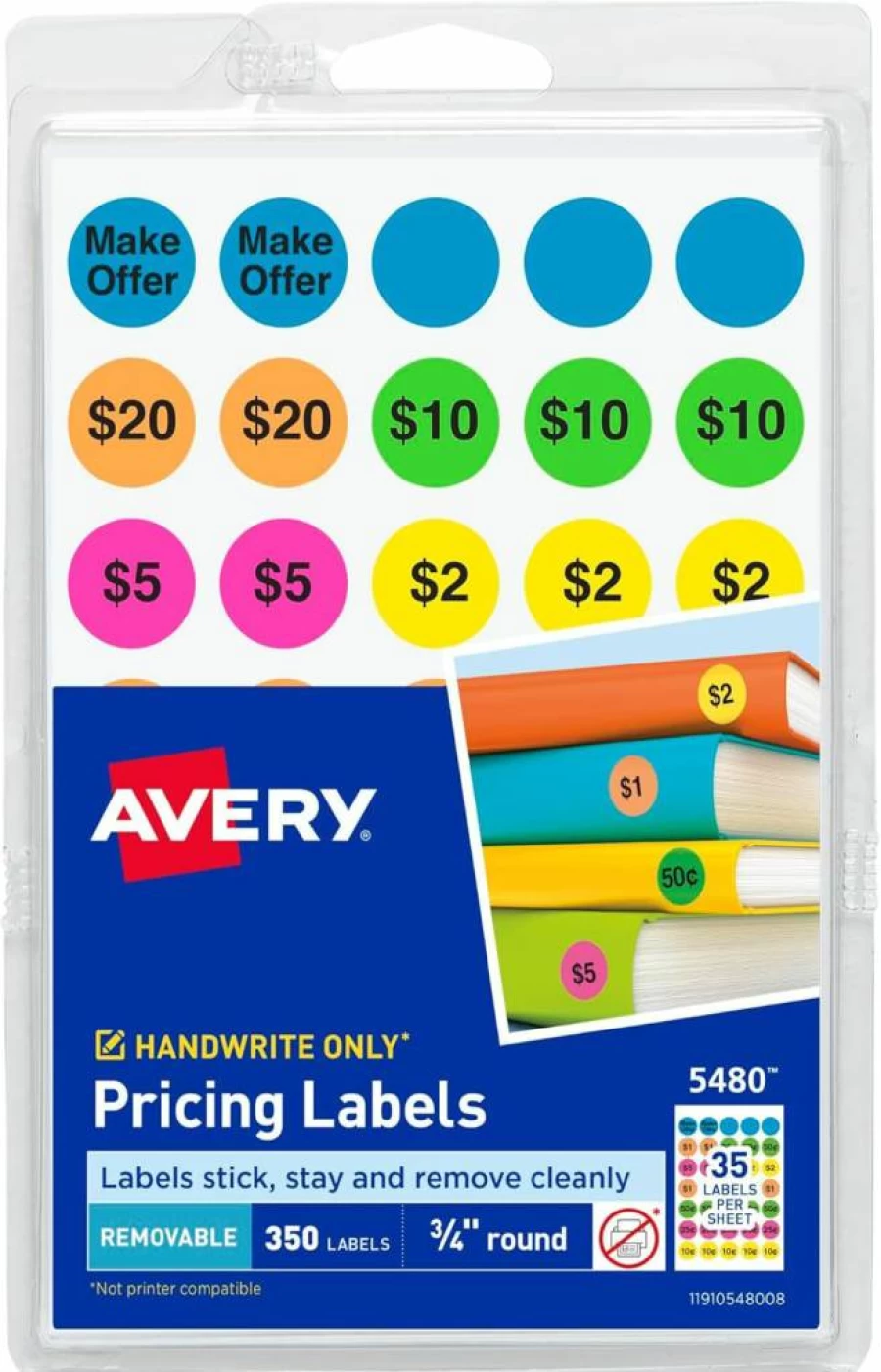 AVERY 5480 Removable Neon Color Coding Labels, 3/4" Round Preprinted Pricing Stickers, 350-Pack, Non-Printable, Assorted Bright Colors