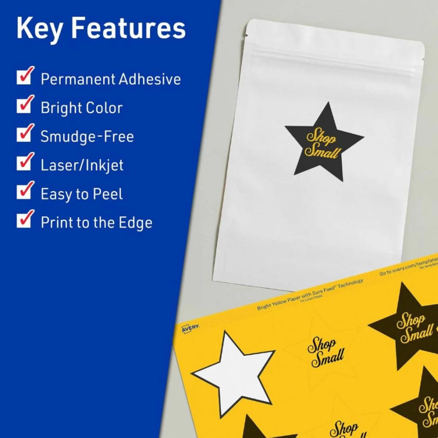 Avery Bright Yellow Printable Star Labels, 2-1/4" x 2-3/8", Sure Feed Technology, 120-Pack for Laser/Inkjet Printing, Ideal for Reward Stickers & Mailing Seals