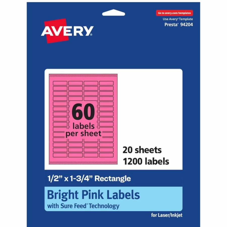 Avery Bright Pink Printable Labels 1/2" x 1-3/4" - Sure Feed Technology, 600 Pack for Laser/Inkjet Printing, Ideal for Jars & Organizing