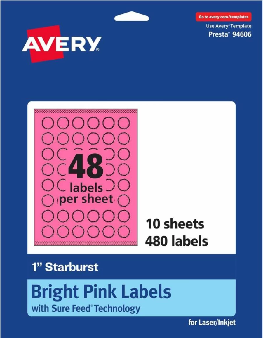 AVERY Sure Feed Technology 1" Bright Pink Printable Starburst Labels, 480 Pack, Print-To-The-Edge for Laser/Inkjet, Mailing Seals & Planner Stickers