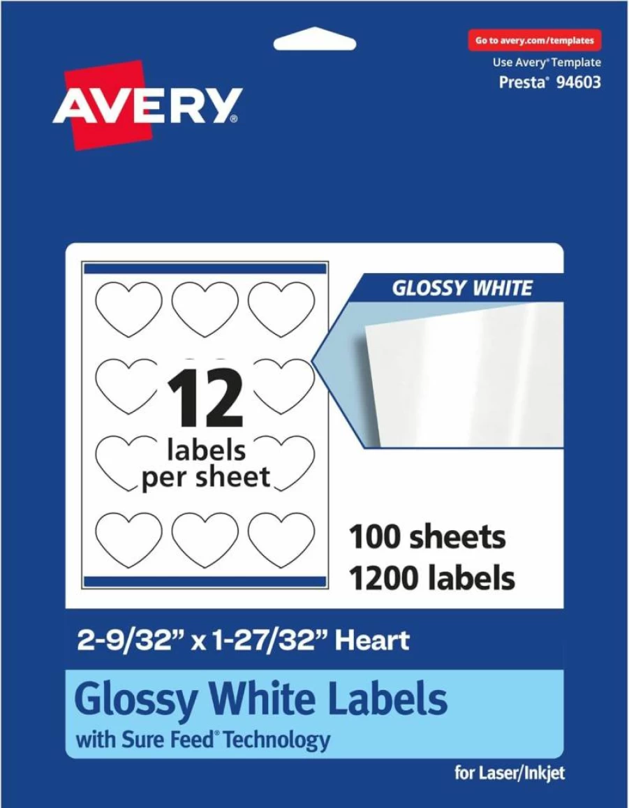 Avery Glossy White Heart Labels, 2.28" x 1.84", 120-Pack, Sure Feed Technology, Print-to-Edge Design, Permanent Adhesive, Laser/Inkjet Printable
