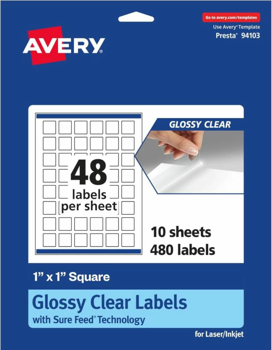 Avery Glossy Clear Square Labels 1" x 1" - 480 Pack, Sure Feed Technology, Edge-to-Edge Printing, Compatible with Laser & Inkjet Printers