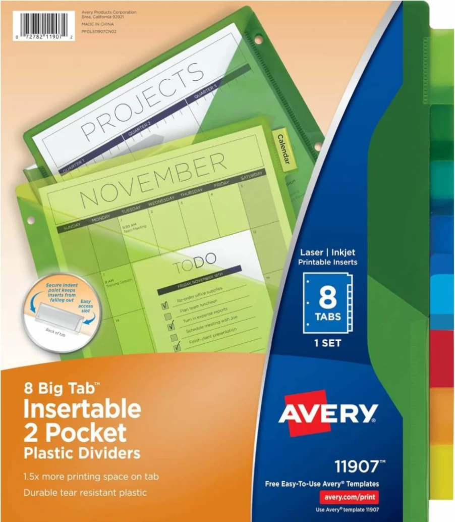 Avery 5-Tab Plastic Binder Dividers with Pockets, Multicolor 24 Sets (11906) for 3-Ring Binders
