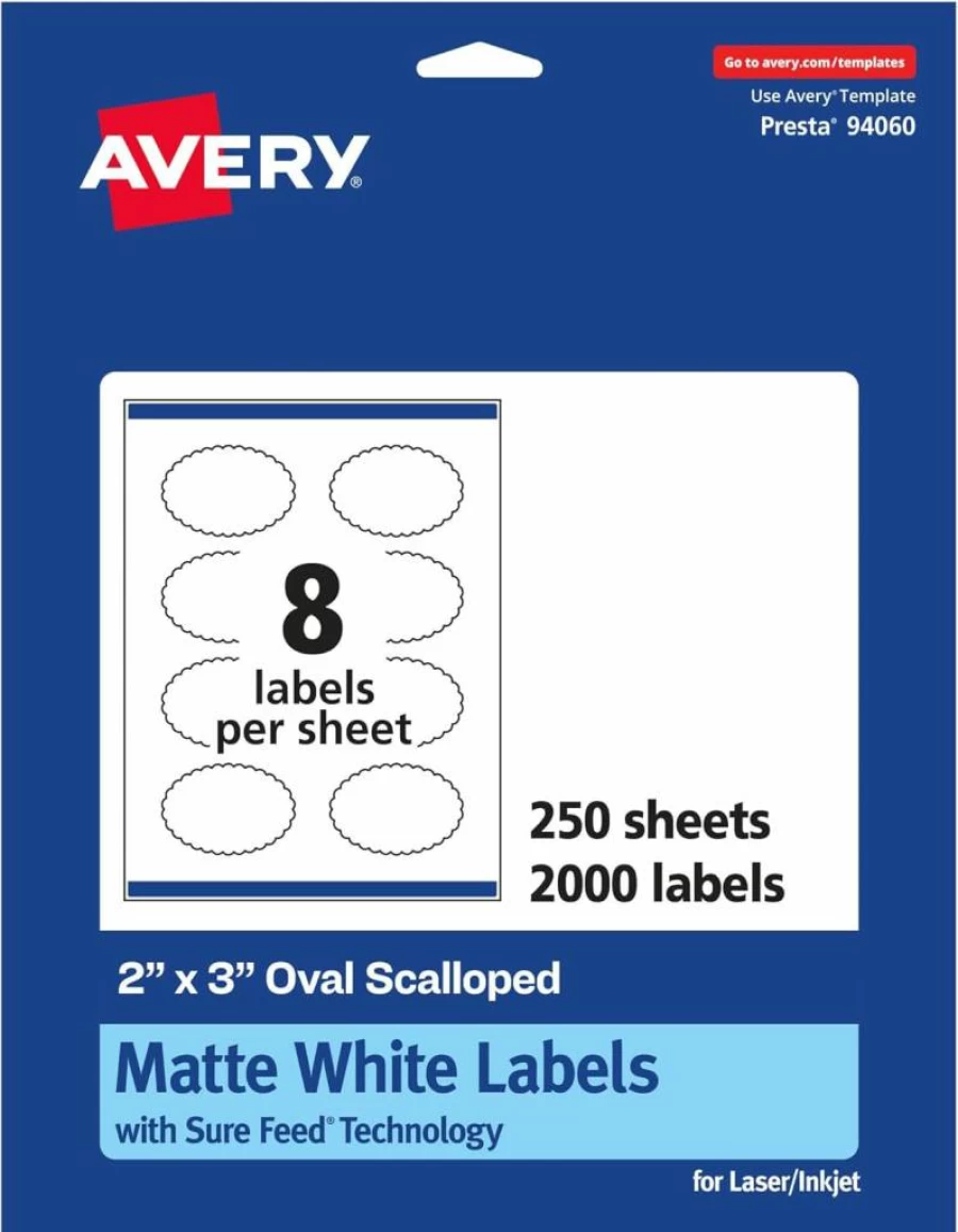 Avery Matte White Oval Scalloped Labels 2" x 3" - 200 Pack, Sure Feed Technology, Printable for Inkjet/Laser Printers