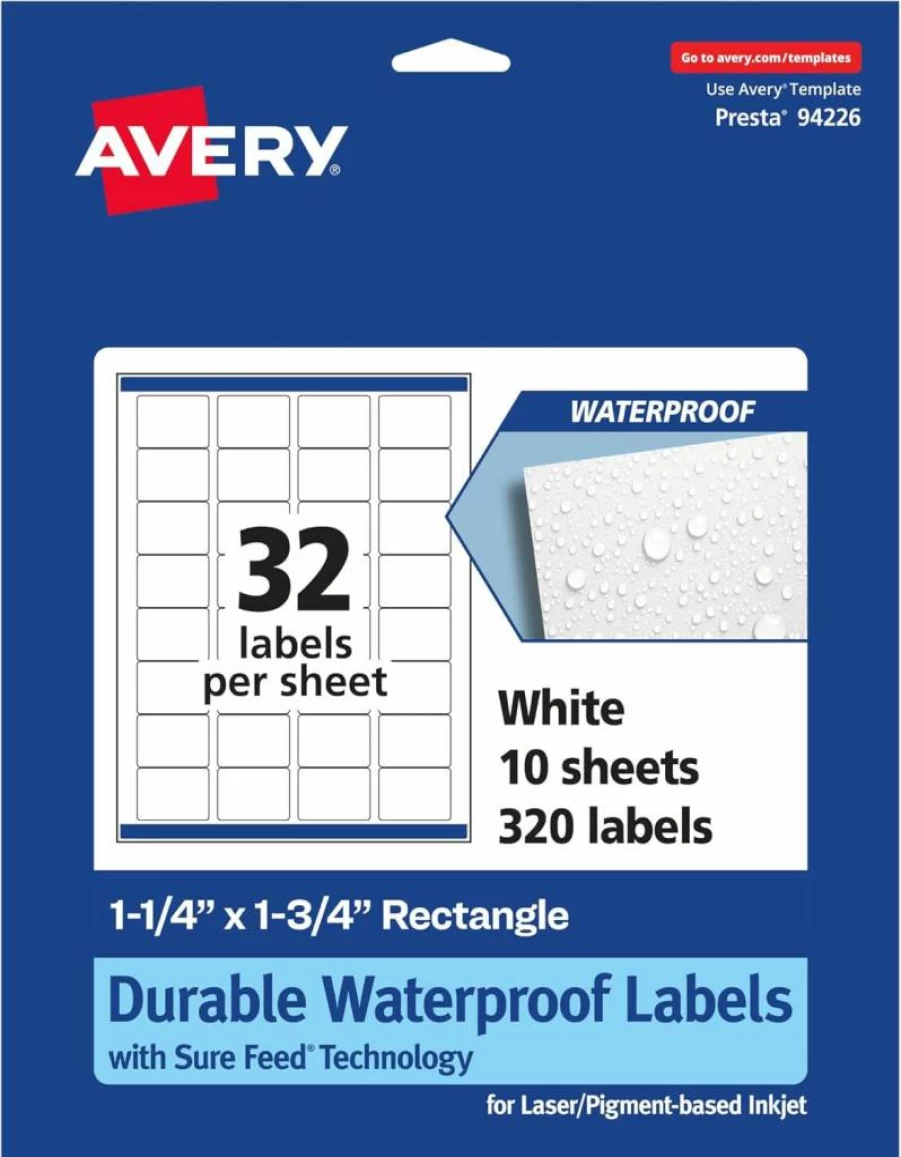 Avery Sure Feed Waterproof Labels 1.25" x 1.75" - 800 Oil, Tear & Water-Resistant Laser/Inkjet Printable Durable Rectangle Stickers