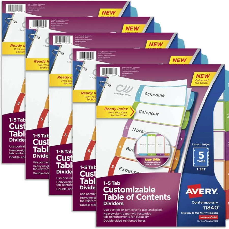 AVERY 5-Tab Dividers for 3-Ring Binders, 5 Sets with Multicolor Tabs, Customizable Table of Contents, 5 Packs (11840)
