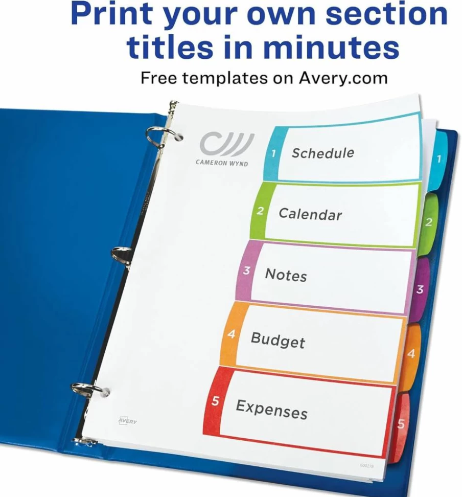 AVERY 5-Tab Dividers for 3-Ring Binders, 5 Sets with Multicolor Tabs, Customizable Table of Contents, 5 Packs (11840)
