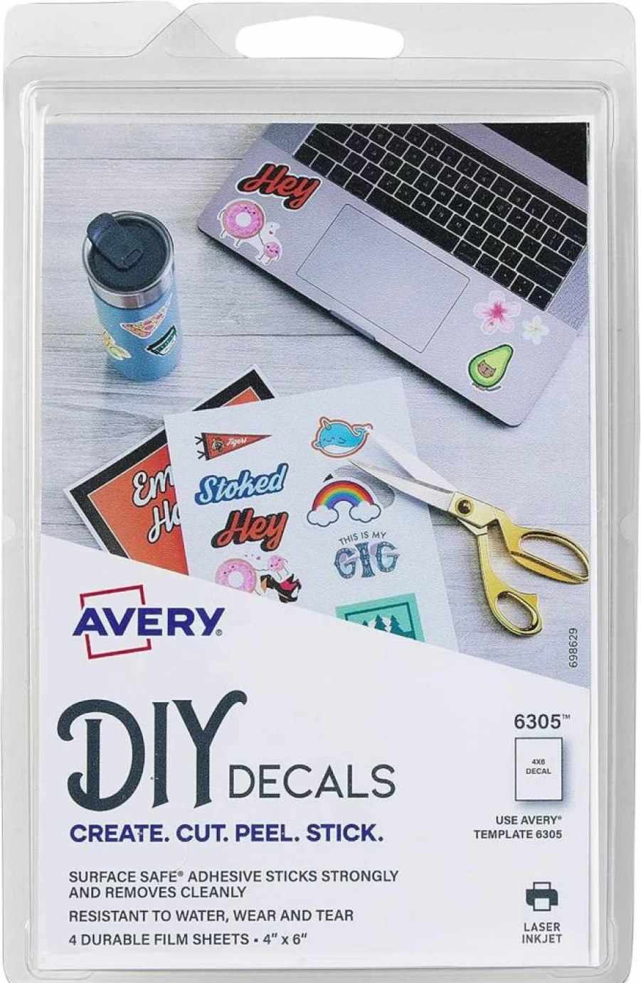 AVERY Removable Waterproof Printable Decal Stickers, 4" x 6" Tear-Resistant Labels, Surface Safe Adhesive, Pack of 4 (6305)