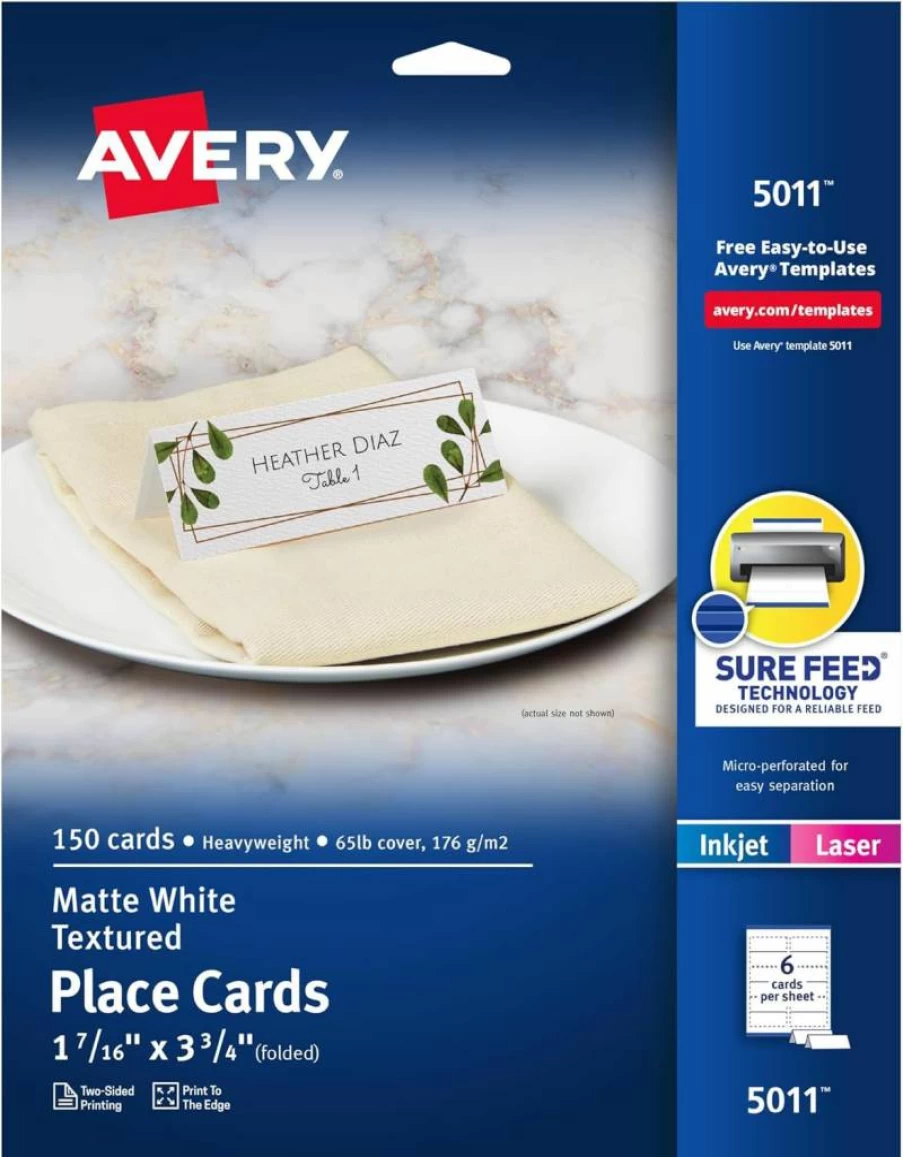 AVERY 5012 Printable Tent Cards, 1-7/16" x 3-3/4", Textured Ivory, 150 Blank Place Cards for Laser/Inkjet Printers with Sure Feed Technology
