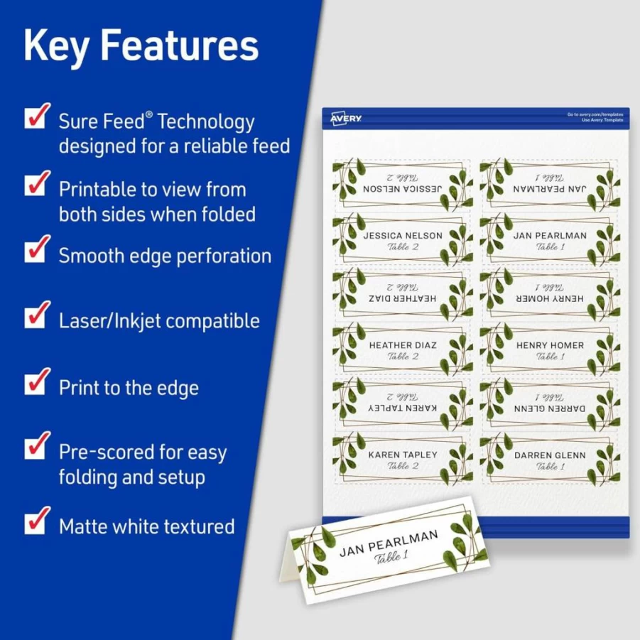 AVERY 5012 Printable Tent Cards, 1-7/16" x 3-3/4", Textured Ivory, 150 Blank Place Cards for Laser/Inkjet Printers with Sure Feed Technology