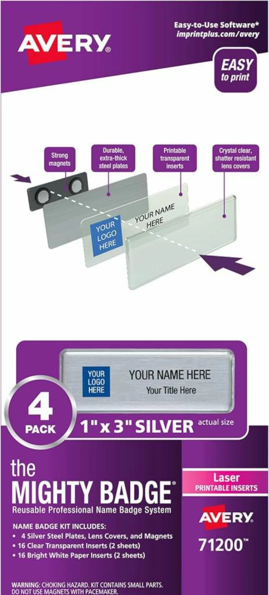 AVERY 71200 Silver Name Tags - 1" x 3" Mighty Badge with 4 ID Badges & 32 Laser Printer Inserts for Professional Identification
