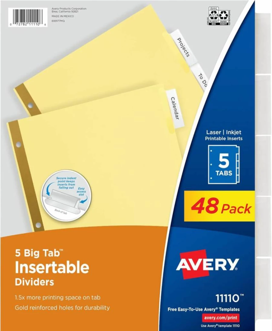 Avery 3-Ring Binder Dividers, 5-Tab Clear Insertable Tabs, 24 Sets, Gold-Reinforced Buff Paper, Organize Projects, Reports, Finances (11113)