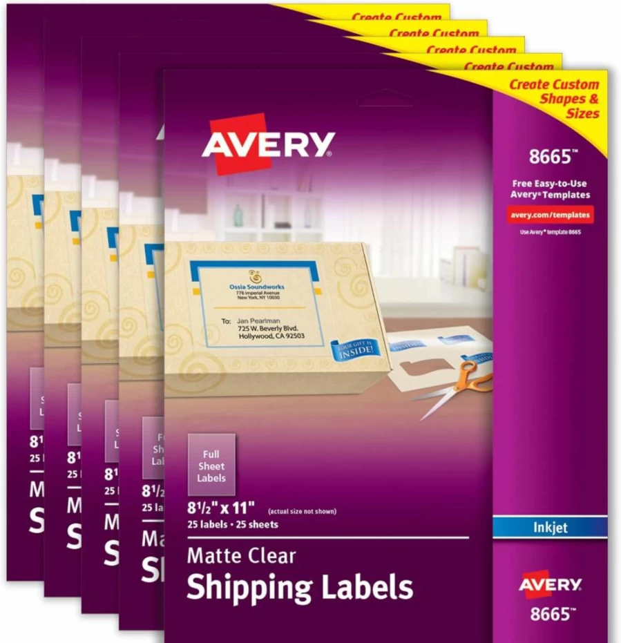AVERY 8665 Matte Clear Printable Shipping Labels, 8.5" x 11" Full Sheet for Inkjet Printers, 25-Pack, DIY Custom Labels with Scissors or Cutting Machines