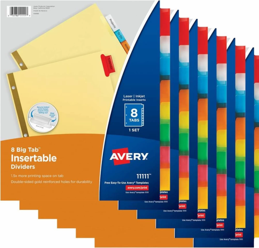 Avery 8-Tab Multicolor Binder Dividers, 6 Sets for School, Office, or Home Organization, Insertable Big Tabs (11111)