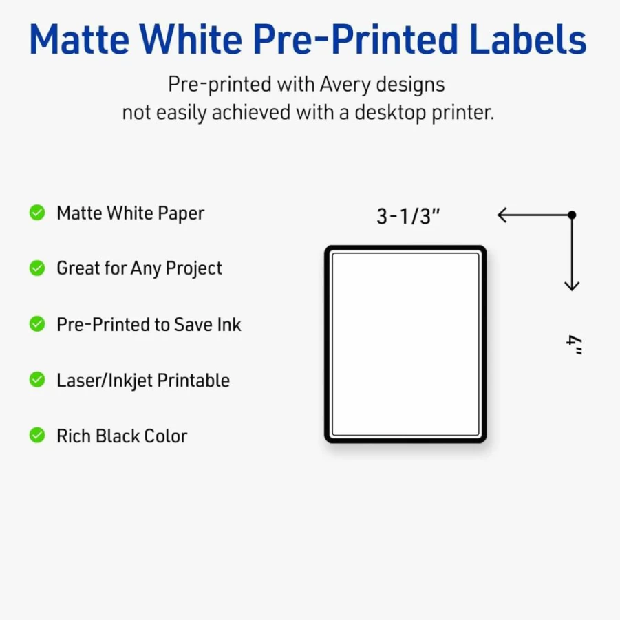AVERY Matte White Printable Rectangle Labels with Gold Multi-Lined Border, 4" x 3-1/3", Permanent Adhesive, 40-Pack for Laser/Inkjet Printers, Ideal for Product Merchandising