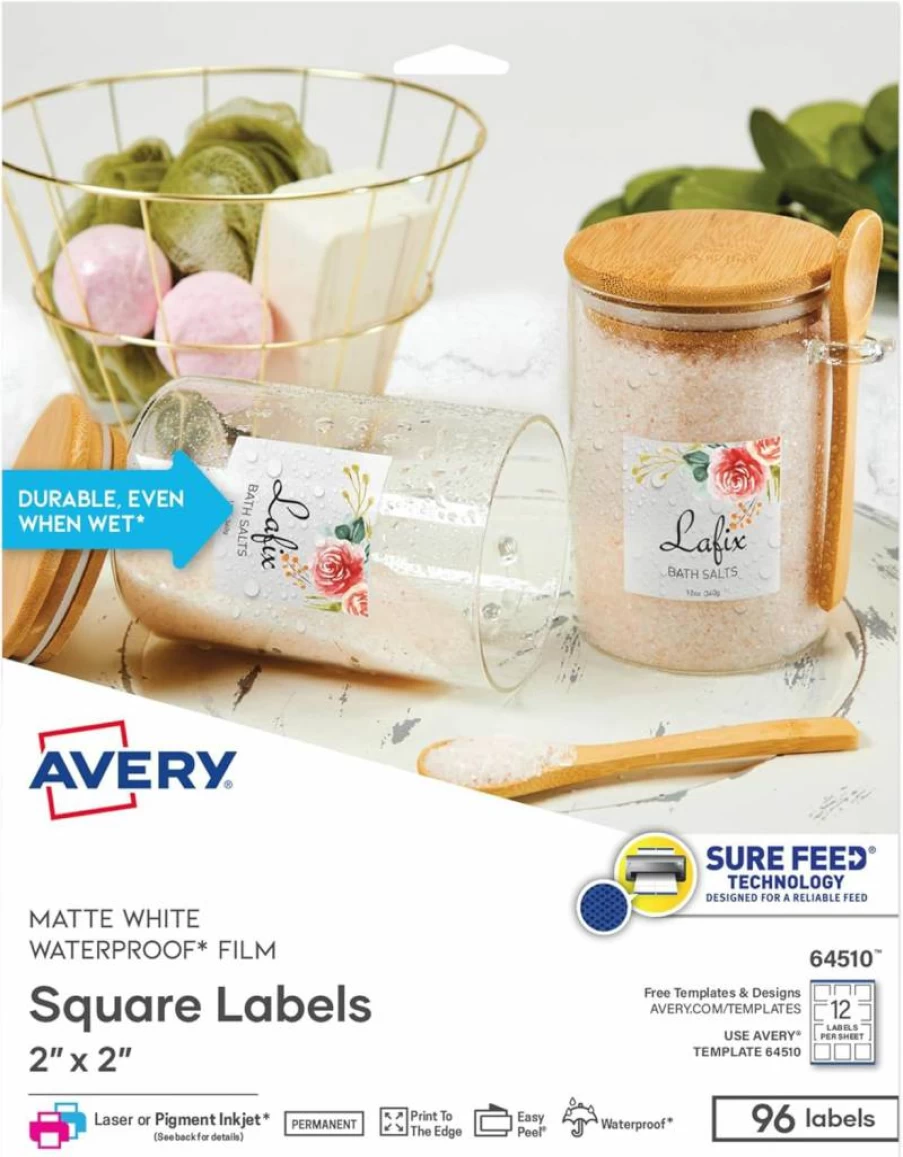 Avery 64510 Durable Waterproof Labels, 2" x 2" Square, Oil-Resistant, Sure Feed Technology, Laser/Pigment Inkjet Compatible, Print to Edge, 96-Pack