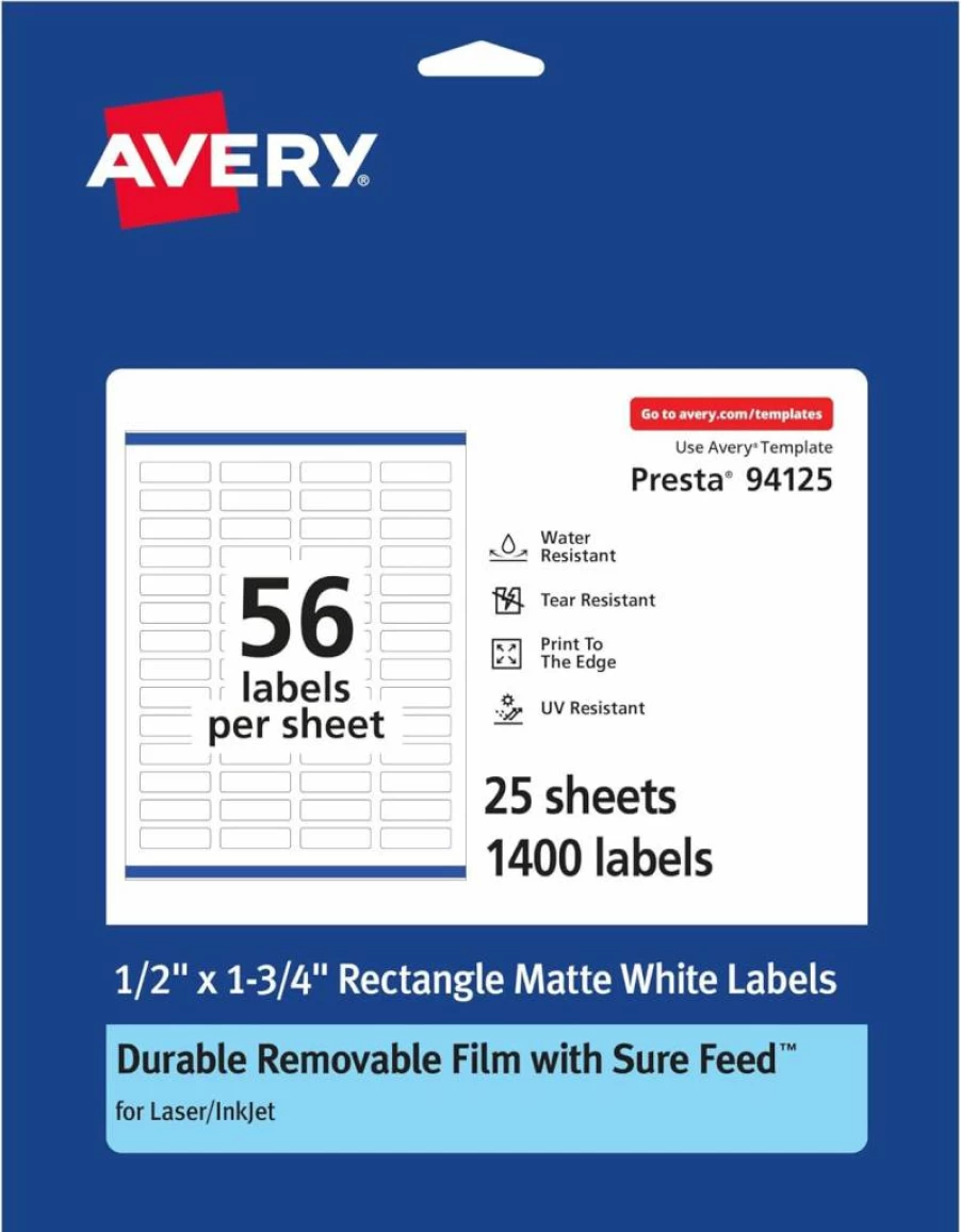 Avery Removable Labels 0.5" x 1.75" - Matte White, Water-Resistant, Sure Feed, Laser/Inkjet Compatible, 1400 Count