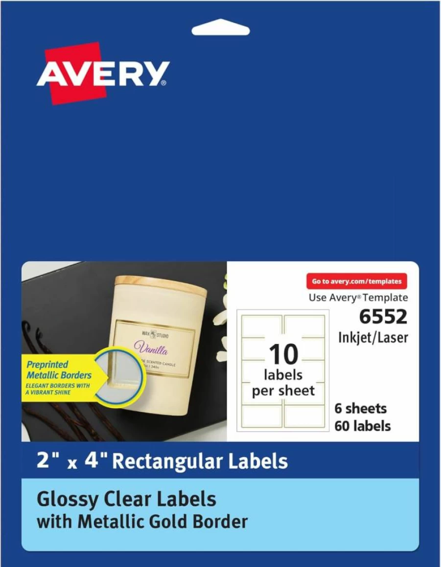 AVERY 6552 Glossy Clear Printable Labels, 2" x 4" Rectangle with Metallic Gold Border, Permanent Adhesive, Laser/Inkjet Compatible, 60 Labels/Pack