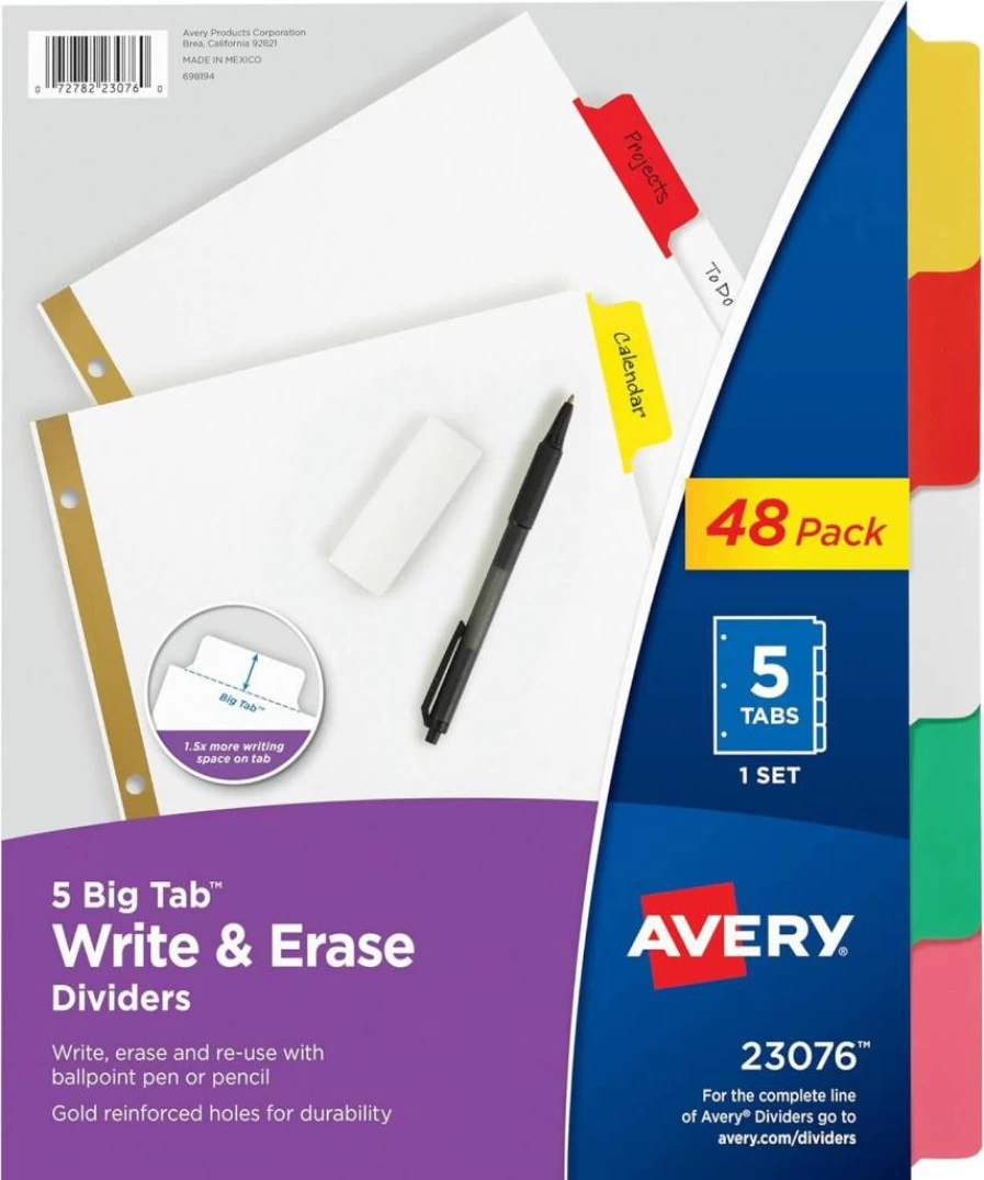 AVERY Big Tab Write & Erase Dividers with Gold Reinforcements, 8-Tab Set, White, 6-Pack (21213)