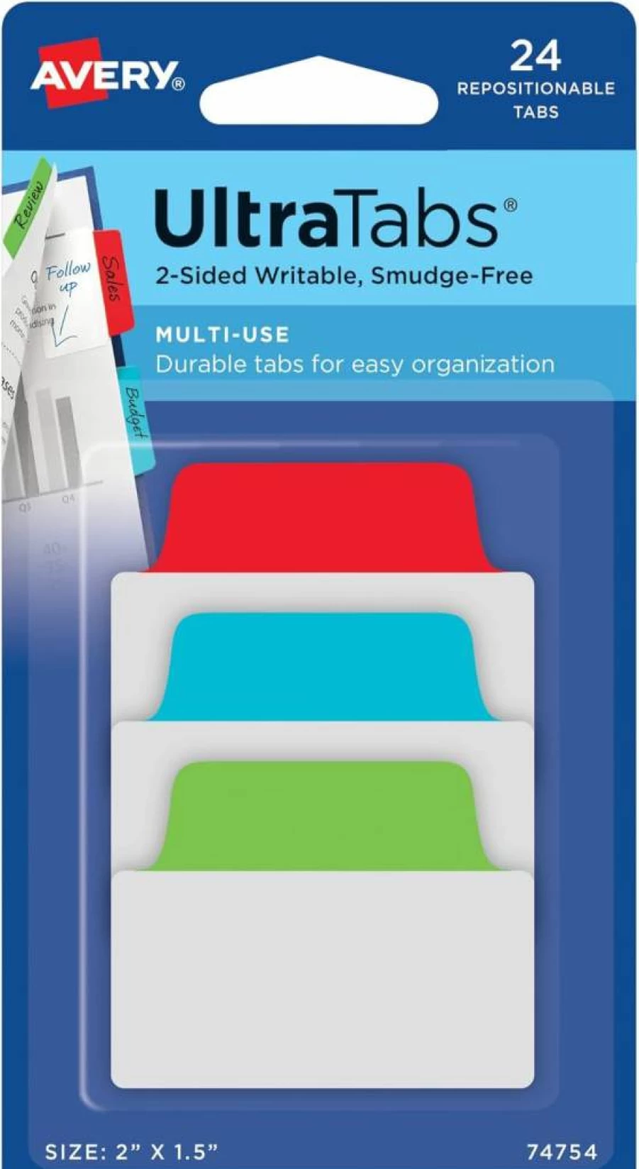 Avery Repositionable Multi-Color Tabs, 2" x 1.5", 2-Sided Writable, 24-Pack (74754) for Organizing Files & Documents