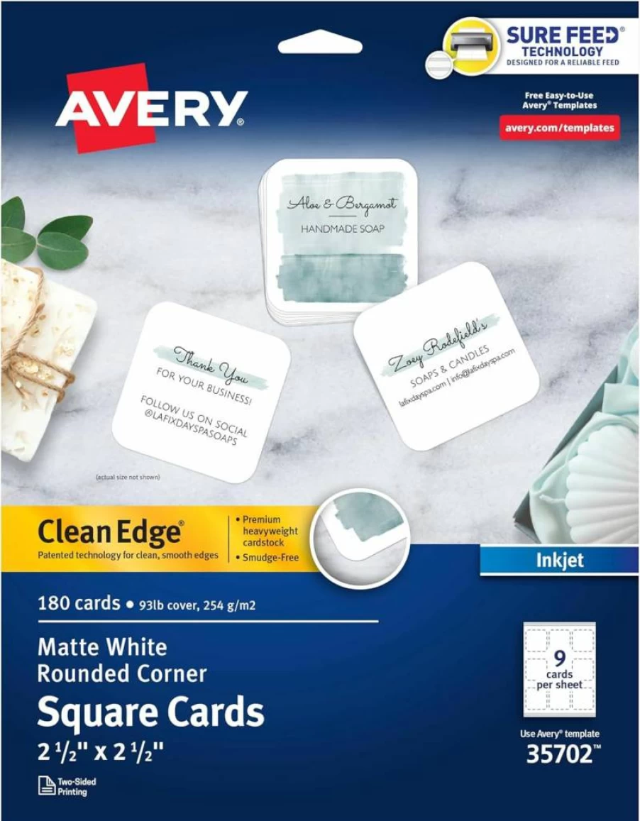 AVERY 8859 Glossy White Printable Business Cards, 2" x 3.5", 200 Blank Cards for Inkjet Printers with Sure Feed Technology, Clean Edge Design