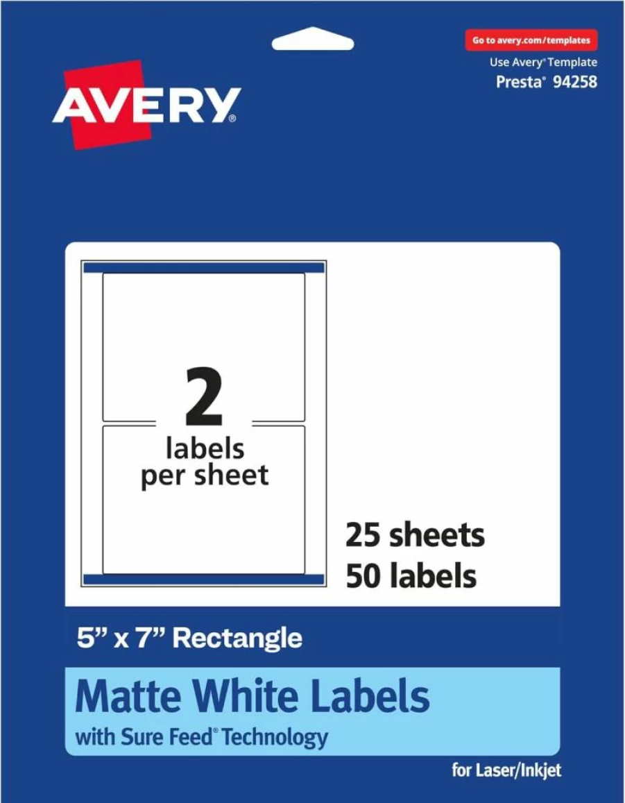 Avery Matte White 5" x 7" Printable Rectangle Labels with Sure Feed Technology, 50-Pack
