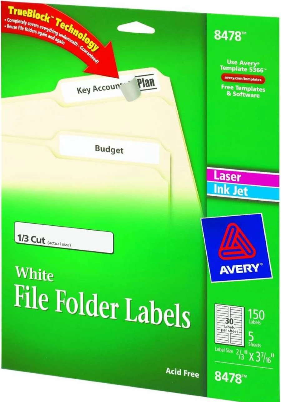Avery 8478 White File Folder Labels 0.66" x 3.43" - 150 Pack for Laser & Inkjet Printers