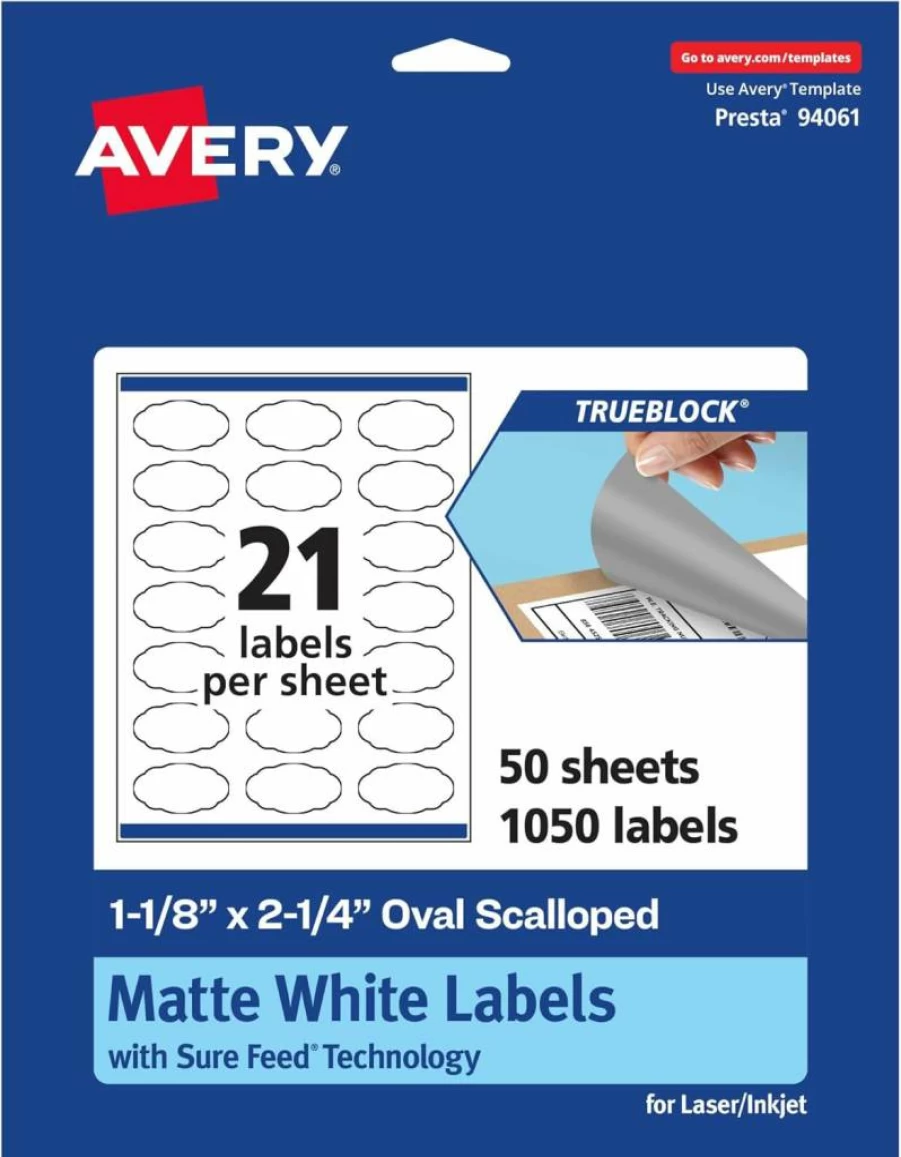 AVERY TrueBlock Matte White Oval Scalloped Labels 1-1/8" x 2-1/4" - 210 Pack, Sure Feed Technology, Print-to-Edge for Laser/Inkjet, Premium Packaging & Product Labels