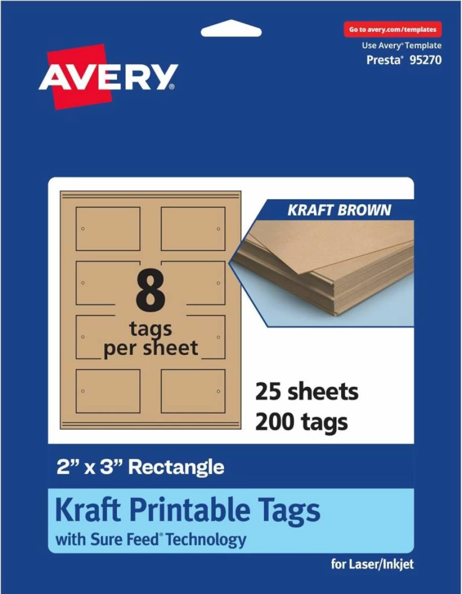 Avery Printable Kraft Brown Tags, 2" x 3" Rectangle Labels, Sure Feed Technology, Print-To-The-Edge for Laser/Inkjet, 200-Pack, Cardstock