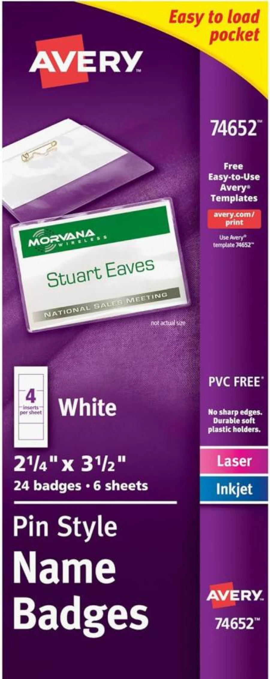 Avery 74652 Customizable Pin Style Name Badges, 2.25" x 3.5" Clear Tag Holders with 200 White Printable Inserts for Laser/Inkjet Printing