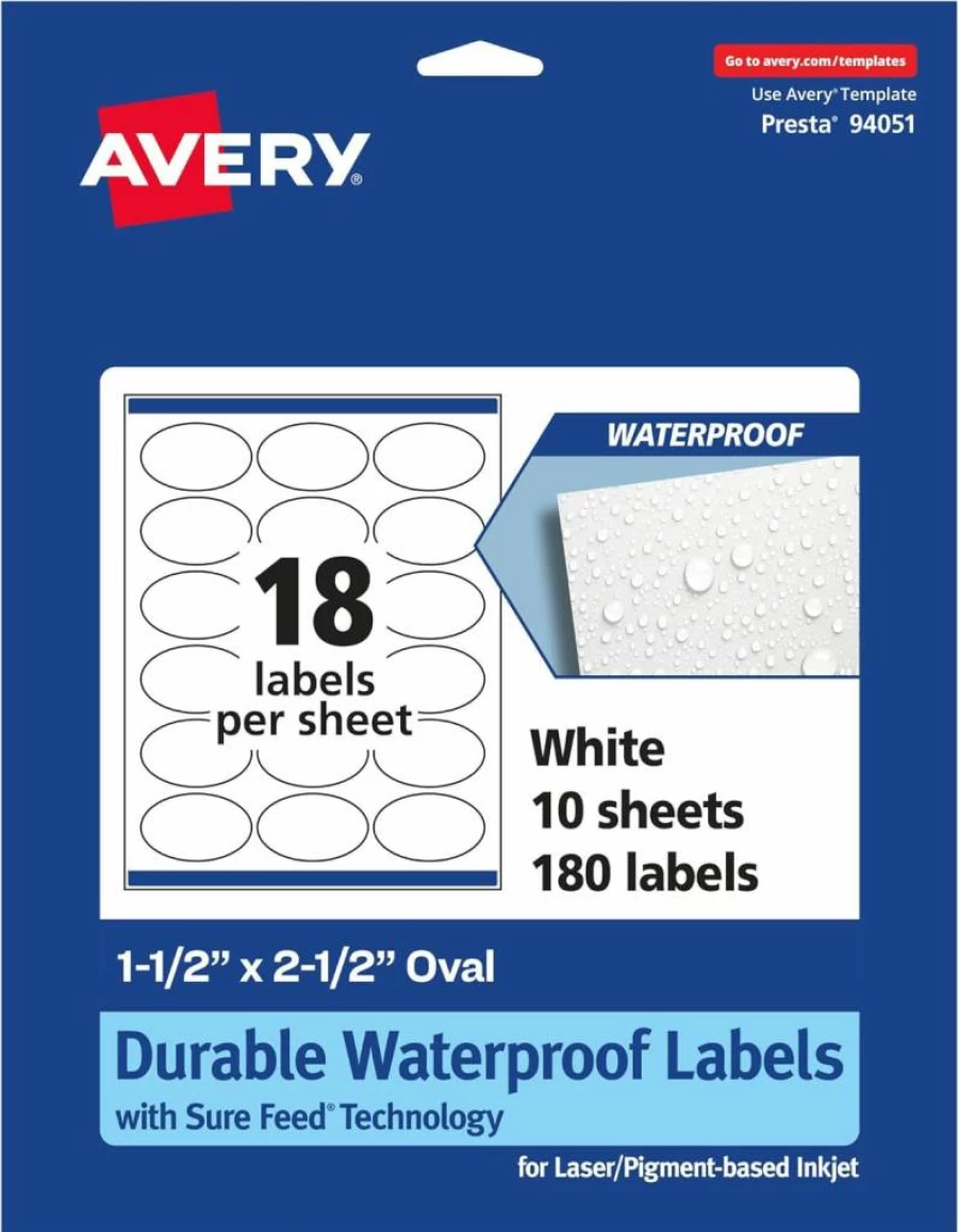 AVERY Sure Feed Waterproof Oval Labels 1.5" x 2.5" - 180 Durable Tear-Resistant Labels for Laser & Inkjet Printers