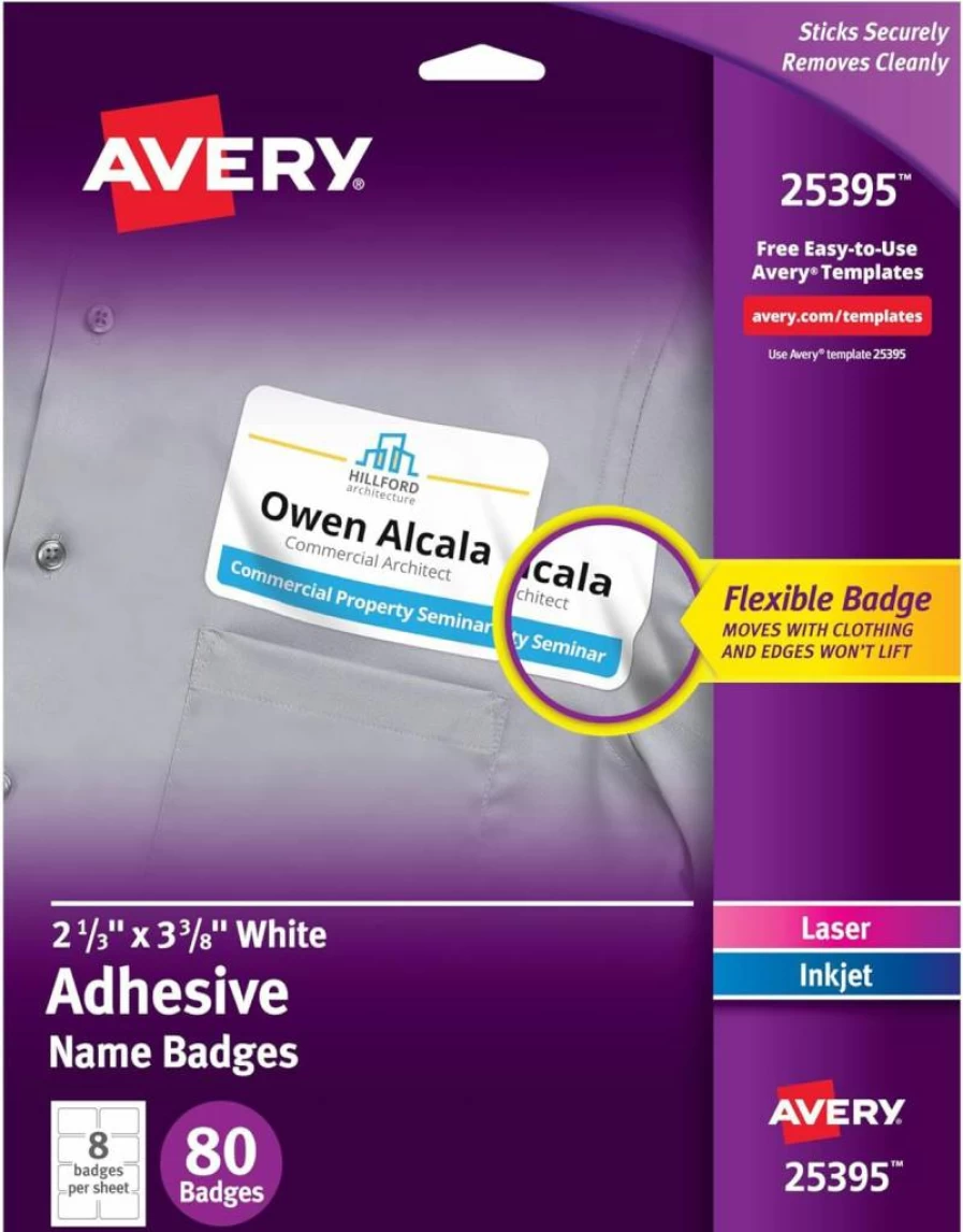 AVERY 25395 Matte White Printable Name Tags, 2.33" x 3.375", 80 Removable Adhesive Name Badges for Office, Events & School