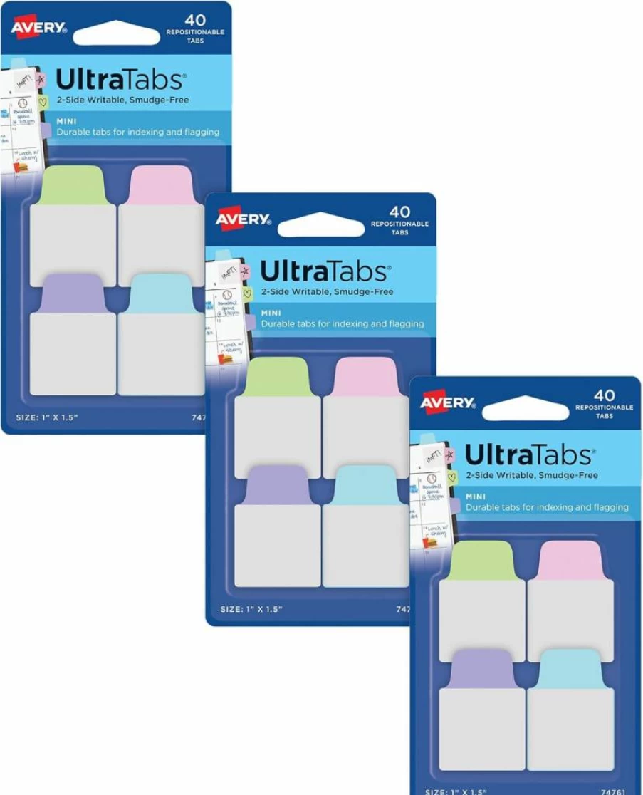 Avery Ultra Tabs Mini Tabs 1" x 1.5" Repositionable Self-Adhesive Labels, 2-Side Writable Pastel Colors, 40 per Pack, 3-Pack (120 Total) - 74761