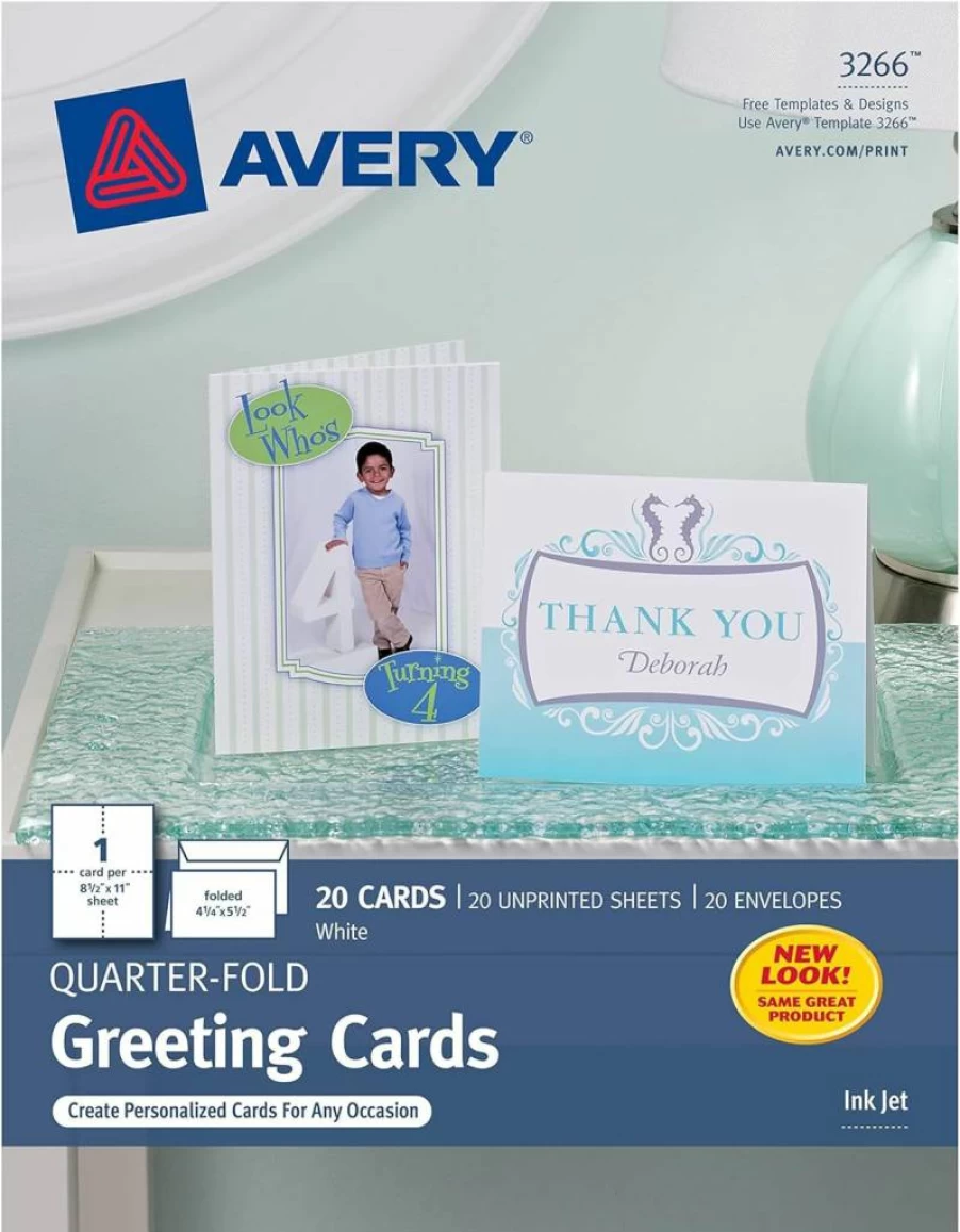 AVERY 3266 Matte White Printable Greeting Cards, 4.25" x 5.5" Quarter-Fold Blank Cards with Envelopes, 20-Pack