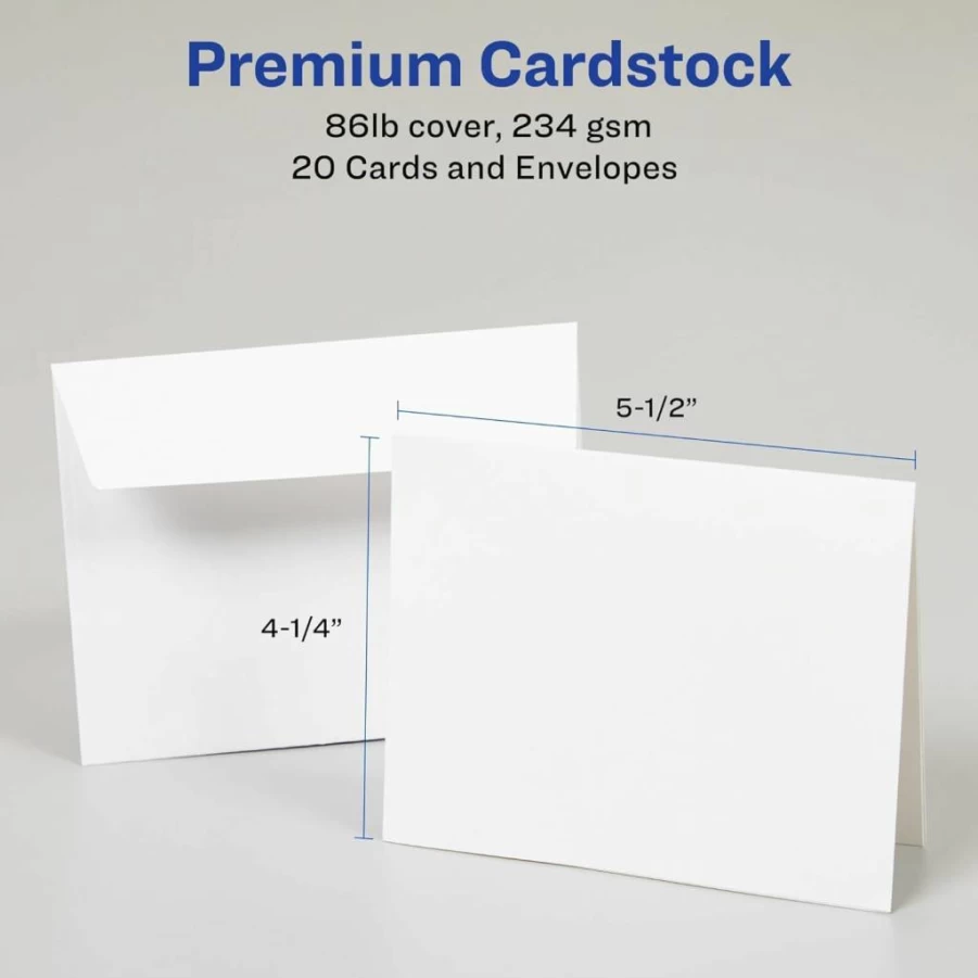 AVERY 3266 Matte White Printable Greeting Cards, 4.25" x 5.5" Quarter-Fold Blank Cards with Envelopes, 20-Pack