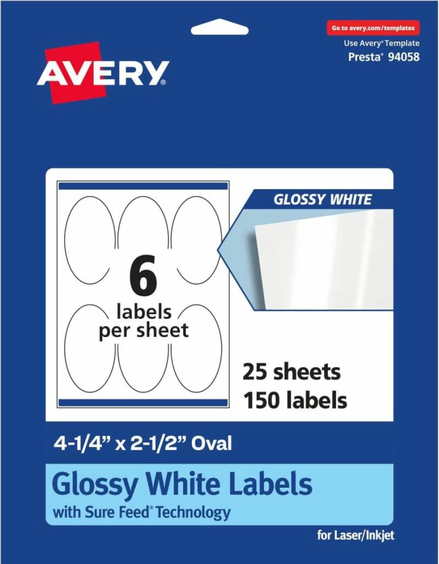 Avery Glossy White Oval Labels 4.25" x 2.5" - 60 Pack, Permanent Adhesive, Laser/Inkjet Printable, Sure Feed Technology for Smooth Printing