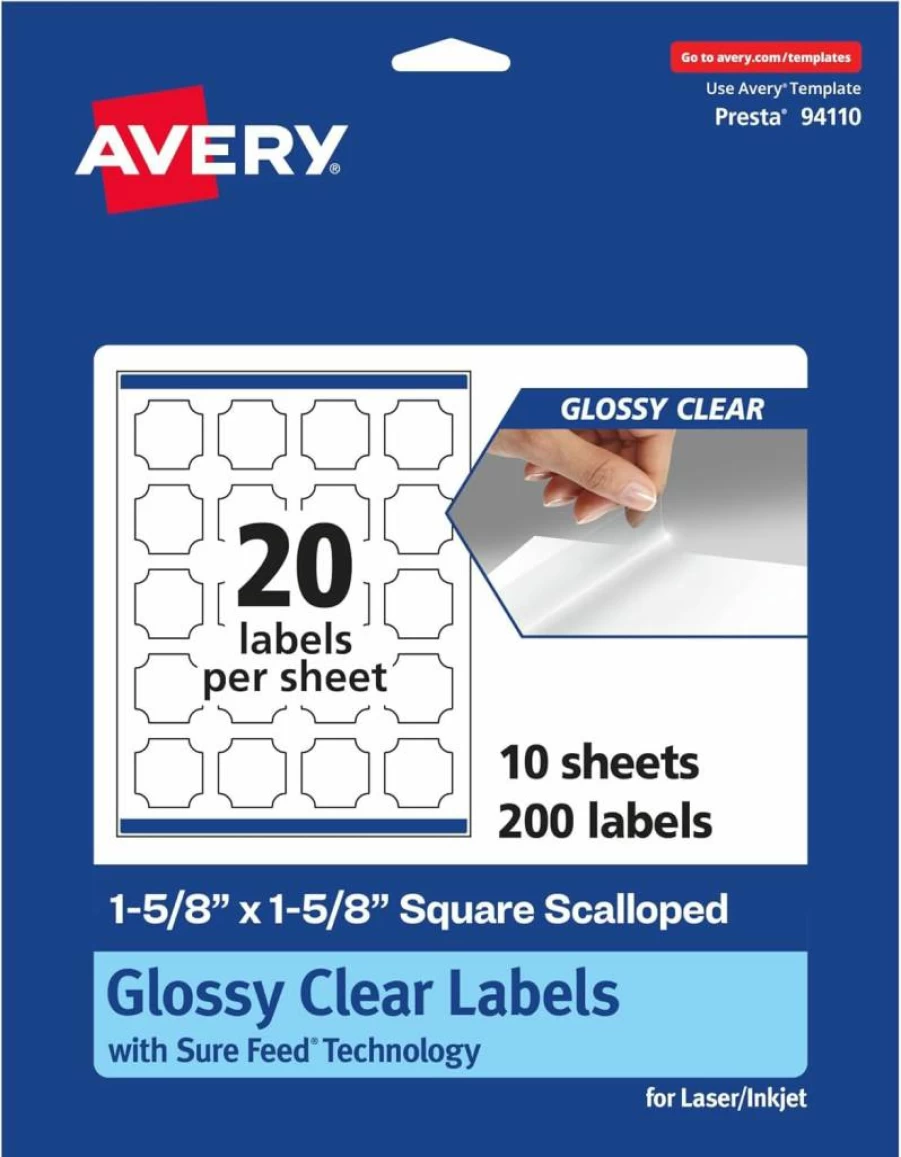Avery Glossy Clear Scalloped Edge Labels 1-5/8" x 1-5/8" - 200 Pack, Sure Feed for Laser/Inkjet Printers, Print-to-Edge Design