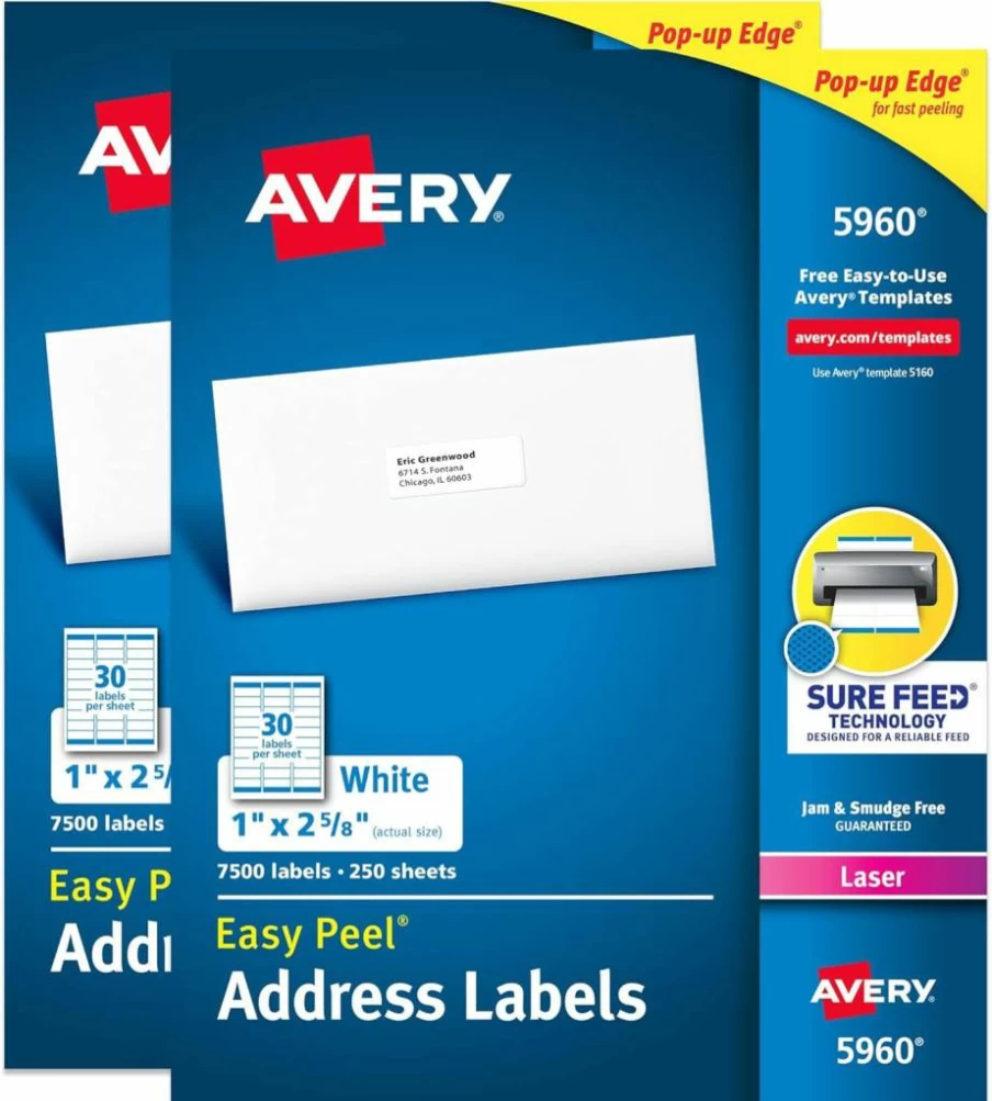 AVERY 95915 Printable Address Labels 1" x 2-5/8" - 15,000 Blank White Mailing Stickers for Laser Printers, Sure Feed Technology, Customizable Shipping Labels
