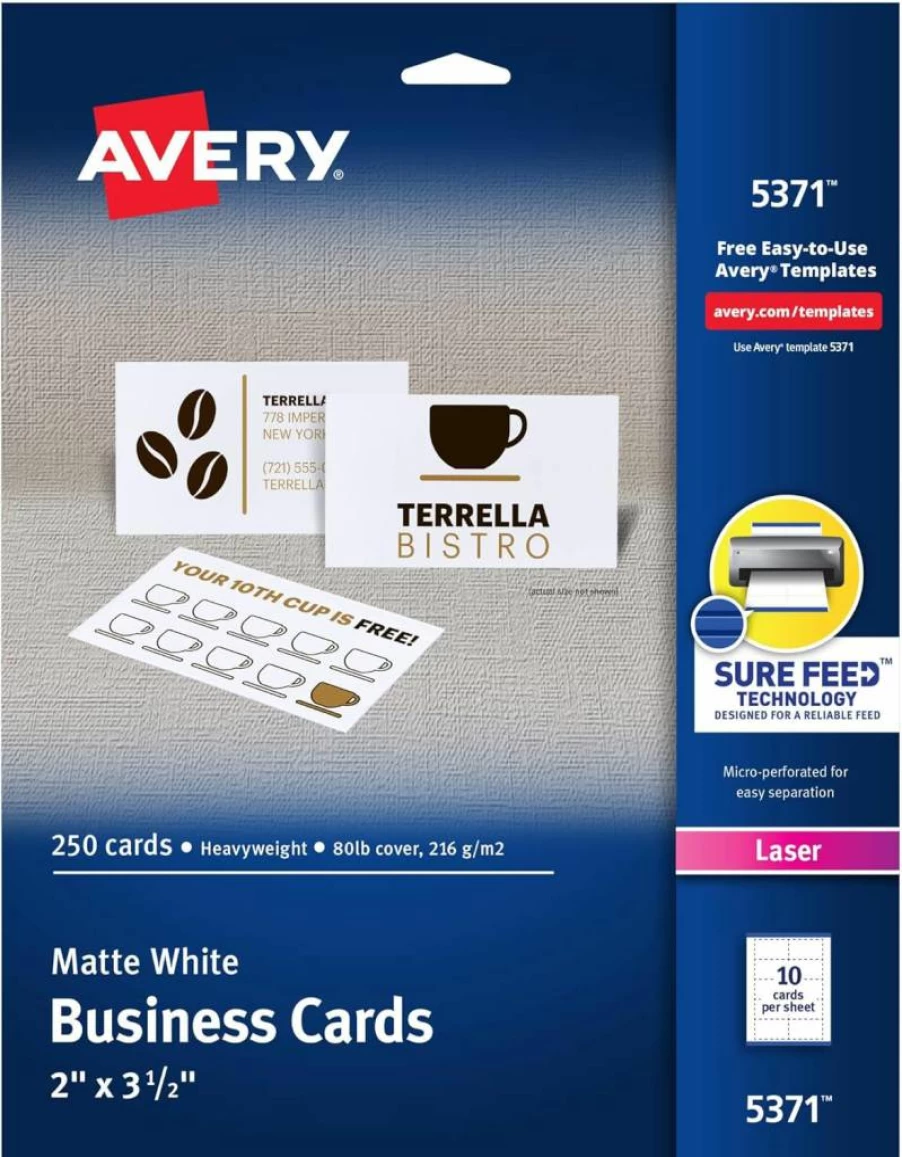 AVERY 5371 Printable Blank Business Cards for Laser Printers, 2" x 3.5", White, 250 Cards per Pack, 5 Packs (1,250 Total) with Sure Feed Technology