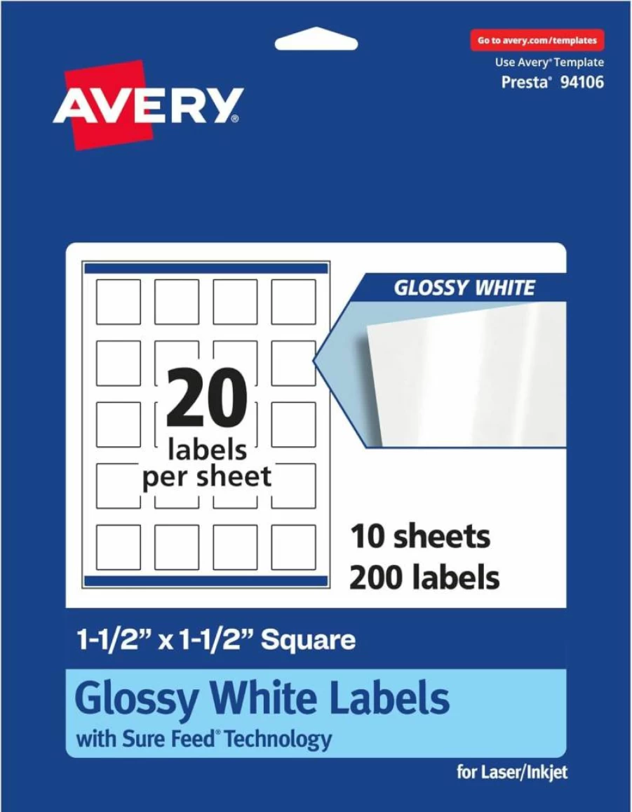Avery Glossy White 1.5" x 1.5" Square Labels - 200 Pack, Sure Feed Technology, Print-To-The-Edge, Permanent Adhesive, Laser/Inkjet Printable