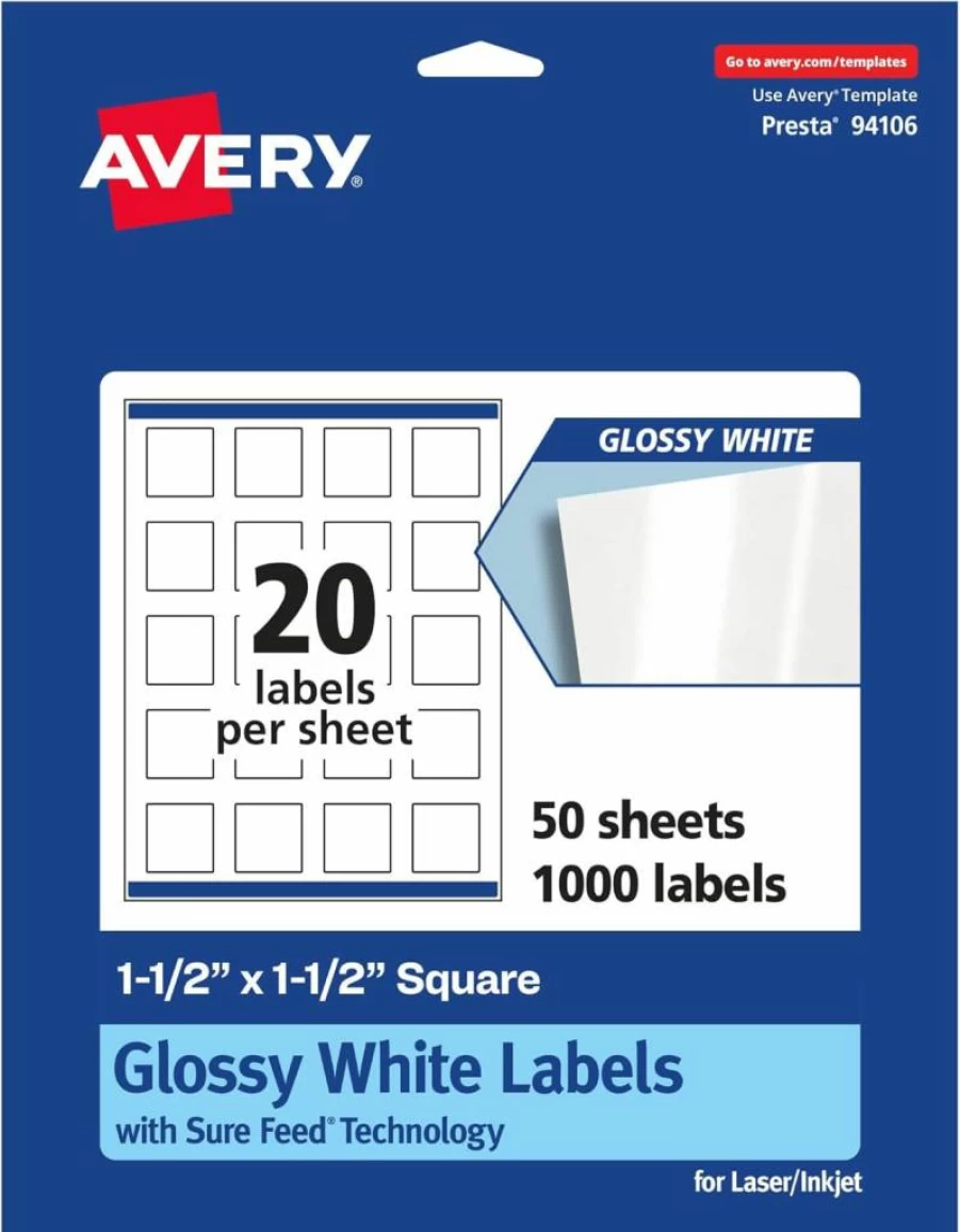 Avery Glossy White 1.5" x 1.5" Square Labels - 200 Pack, Sure Feed Technology, Print-To-The-Edge, Permanent Adhesive, Laser/Inkjet Printable