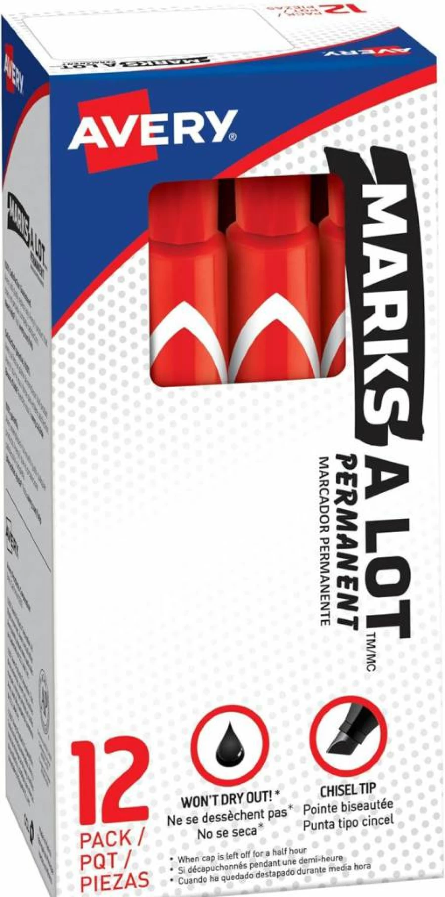 AVERY 08887 Permanent Markers, Chisel Tip, 12-Pack Red, Waterproof & Fade-Resistant, Office & School Supplies